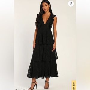 lulus Molinetto Black Lace Ruffled Tiered Sleeveless Maxi Dress
